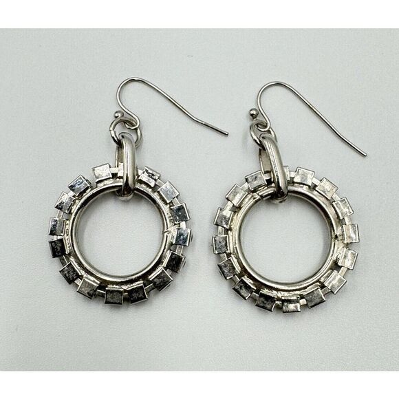 Silver Tone Gray Green Prong Set Pavé Crystal Glass Circle Dangle Earrings - Picture 2 of 6